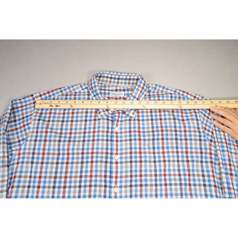 Peter Millar Mens XXL Plaid Button Down Shirt Blue Red Check Performance‎ Cotton image 3